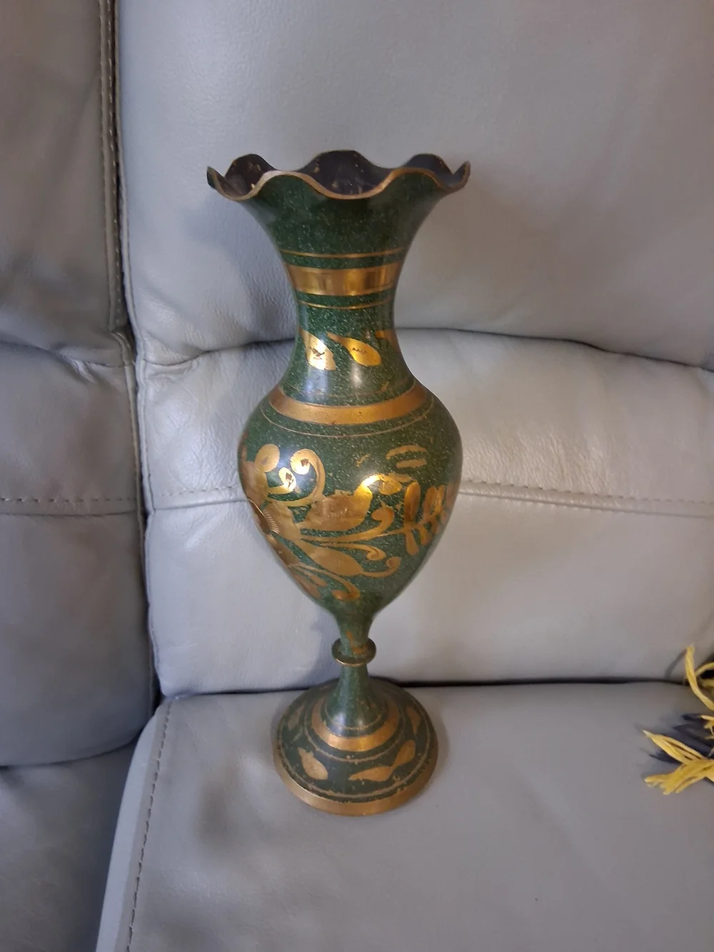 Vintage Brass & Enamel Etched Vase